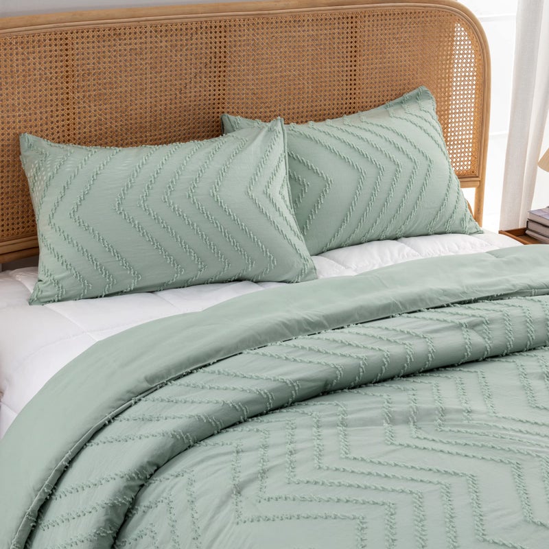 Litanika طقم لحاف Litanika Sage Green مقاس توأم/توأم مقاس XL، طقم لحاف معنقدة من قطعتين بوهو شيفرون، طقم سرير لجميع المواسم (لحاف مقاس 66 × 90 بوصة وغطاء وسادة واحد) - Image 4